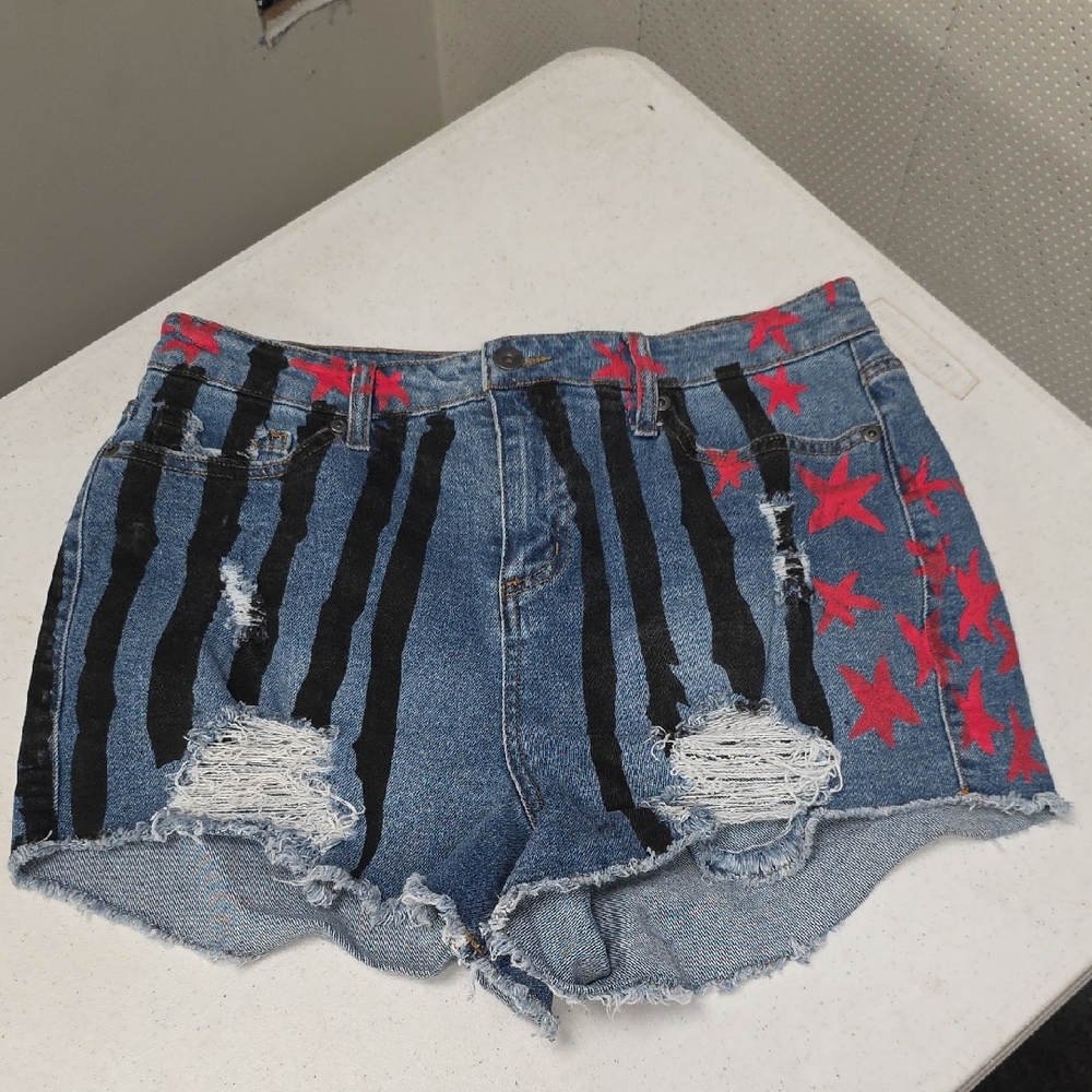 Stylish Denim Shorts with Red and Black Design